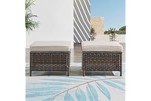 HUMMUH Outdoor Ottomans for Patio Set of 2 PE Wicker Steel Frame Outdoor Footstool for Patio, Backyard, Additional Seating, Side Tables with Removable Weather-Resistant Cushions