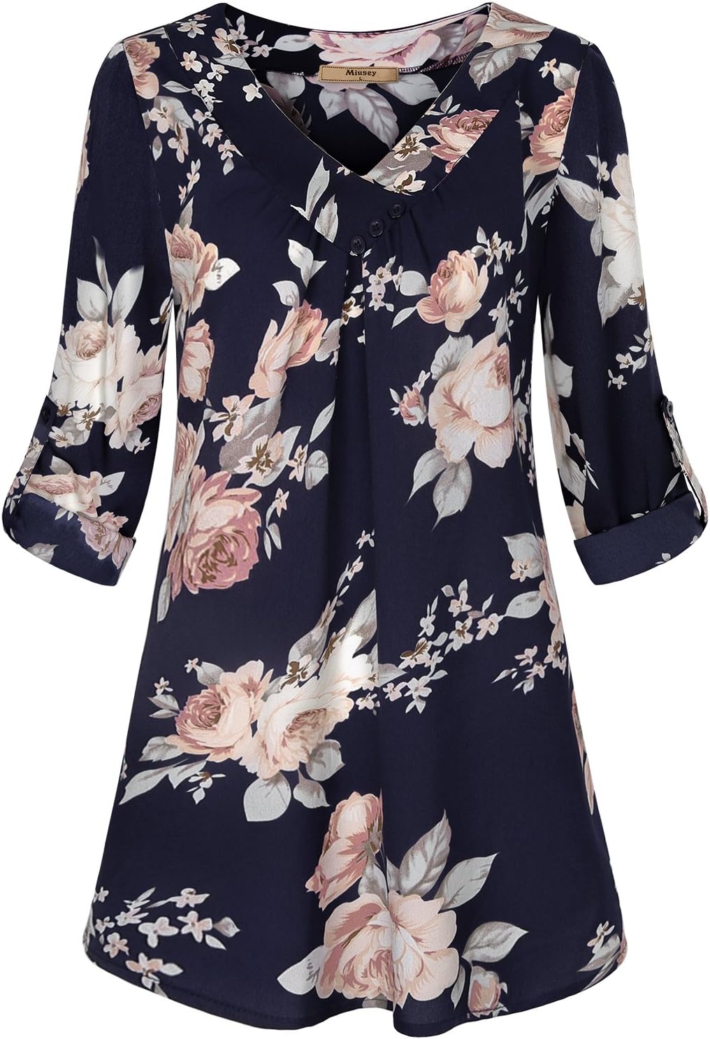 Womens Roll-Up Long Sleeve Top Casual V Neck Layered Chiffon Blouses