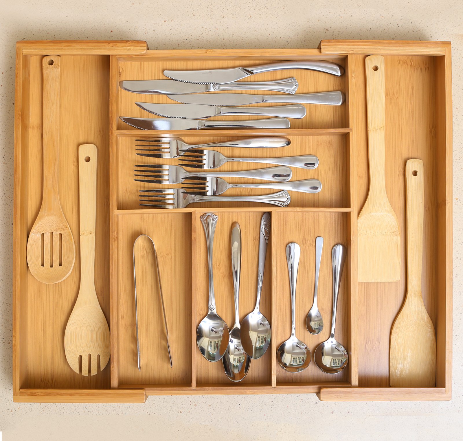 Expandable Bamboo Wooden Utensil Tray with 7 Compartments,Durable and