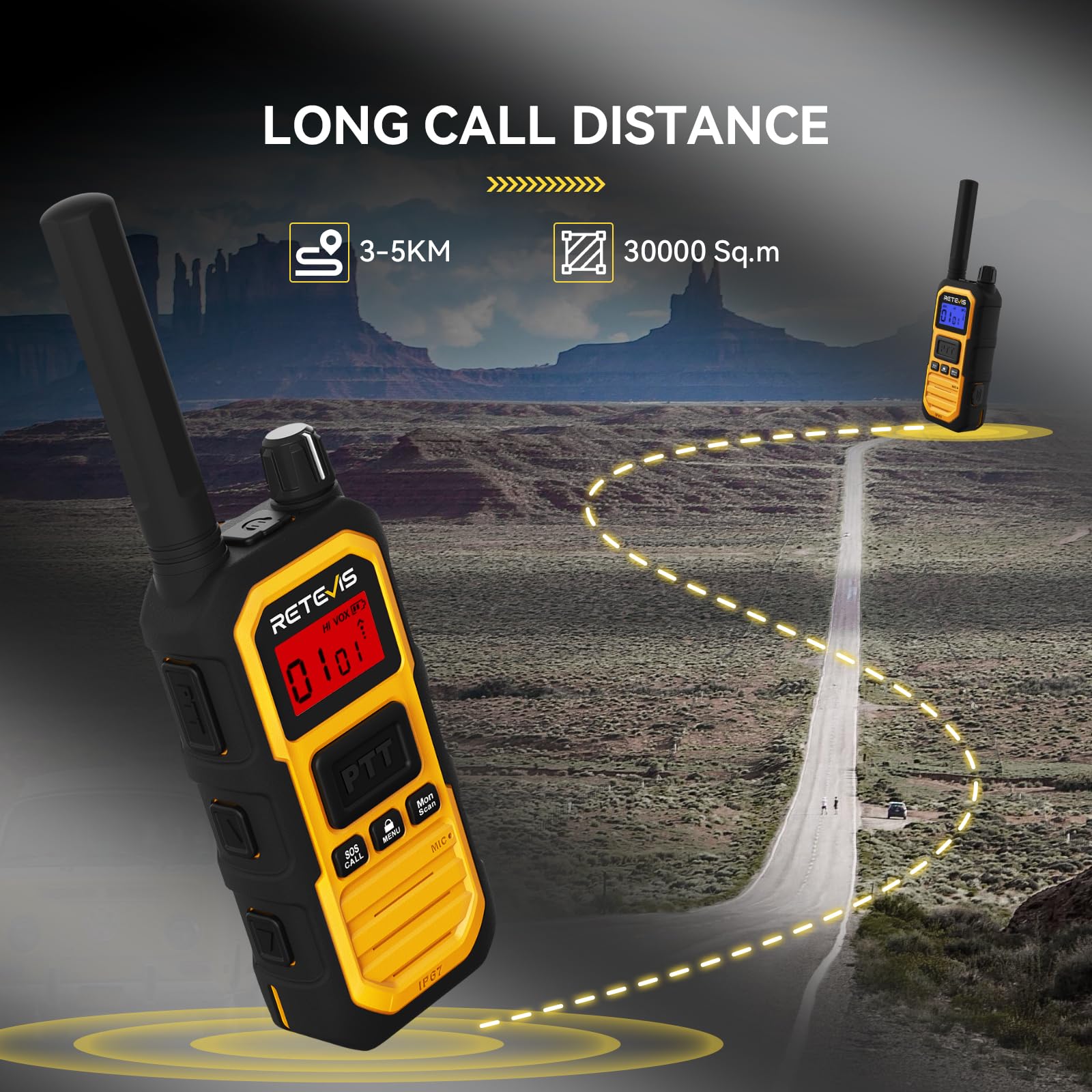Retevis RB648 Plus Walkie Talkies, IP67 wasserdichte Funkgeräte, Hohe Reichweite, 2000mAh, Vibration, Notfallalarm, Professionelles Robustes Aktualisiertes Walkie-Talkie für Camping (2 Stück, Gelb) 2