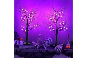 ENVOTEK Halloween Decorations Indoor 2 Pack 24 Inch Black Spooky Tree with 48 Purple Led Lights, Timer/USB/Battery Operated Lighted Tabletop Tree Halloween Table Decor for Home Office Holiday Party