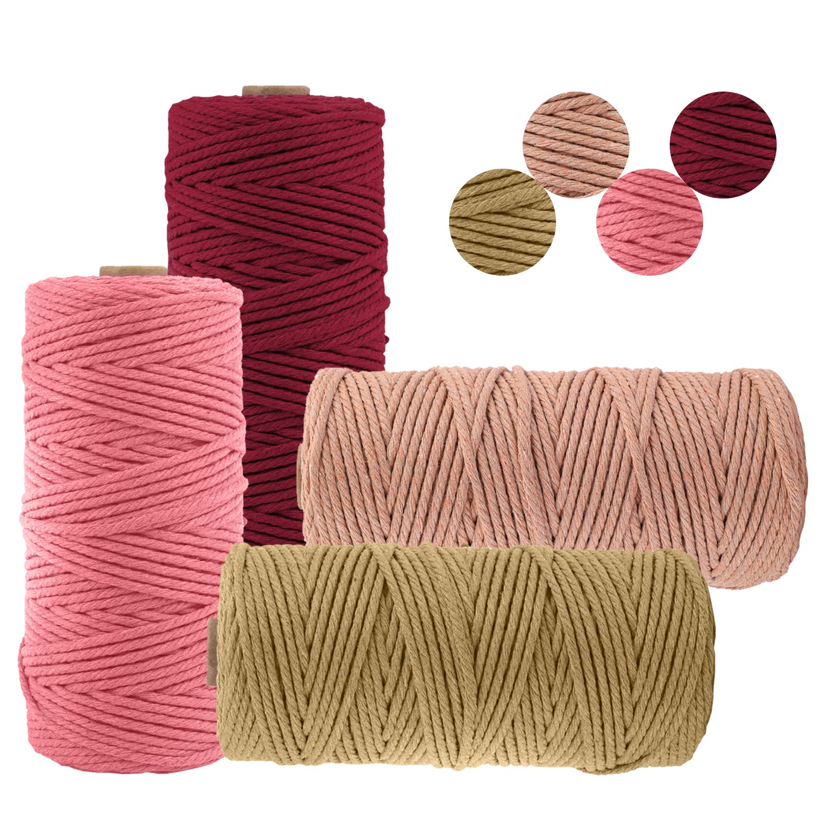 Uiopa Set of 4 Macrame Cord 3mm x 100m, Thick Natural Cotton Rope Coloured Craft String Soft Macrame Yarn Cotton String for DIY Plant Hanger, Wall Hanging, Gift Wrapping, Home Decoration (B)