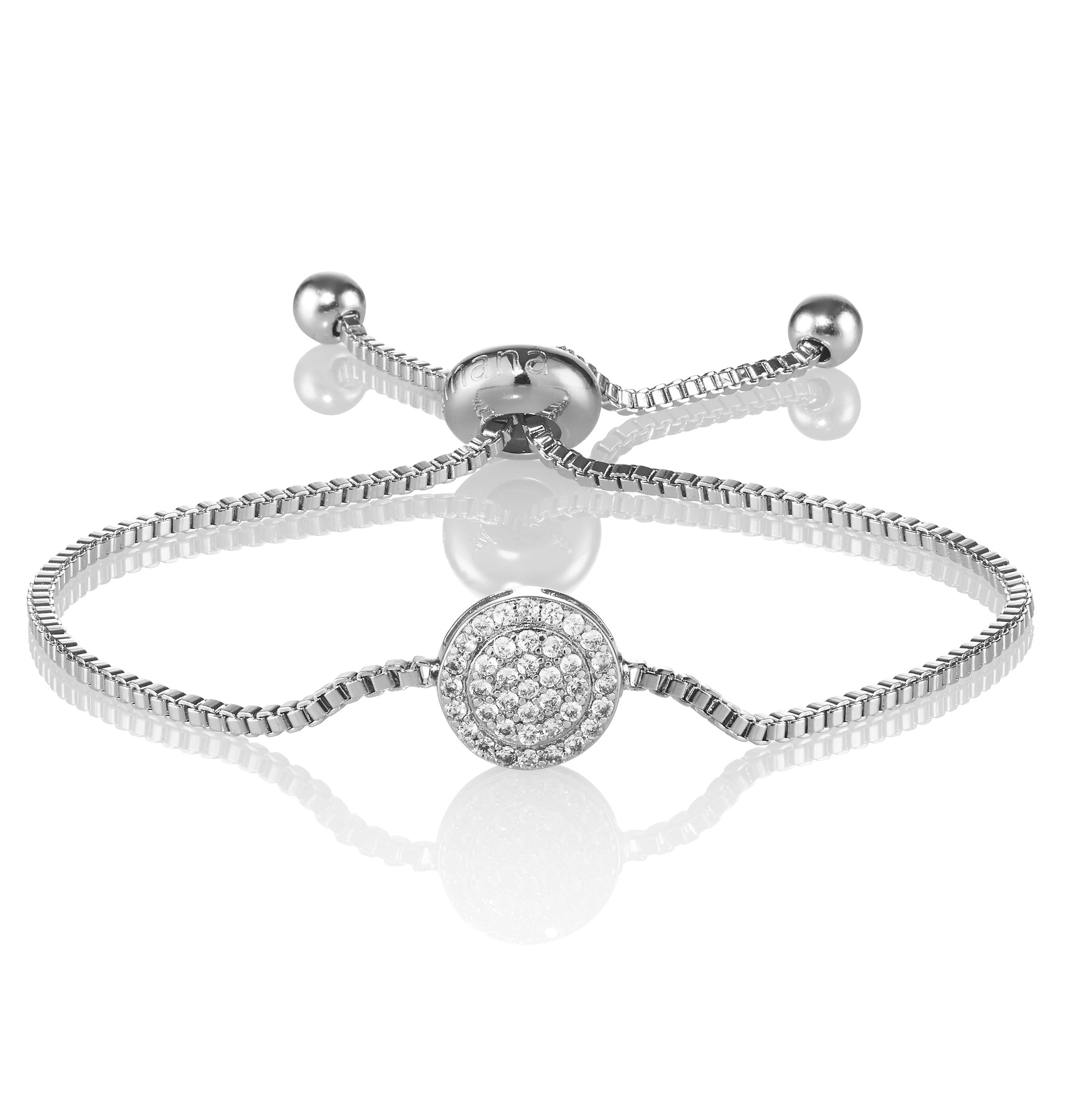 namana Celestial Disc Bracelet with Cubic Zirconia. 18ct Rose Gold or Silver Colour Diamante Disc Bracelet. Cube Chain Bracelet with Adjustable Bead Fastening. (Silver, Rhodium Plated Base Metal) — image 1