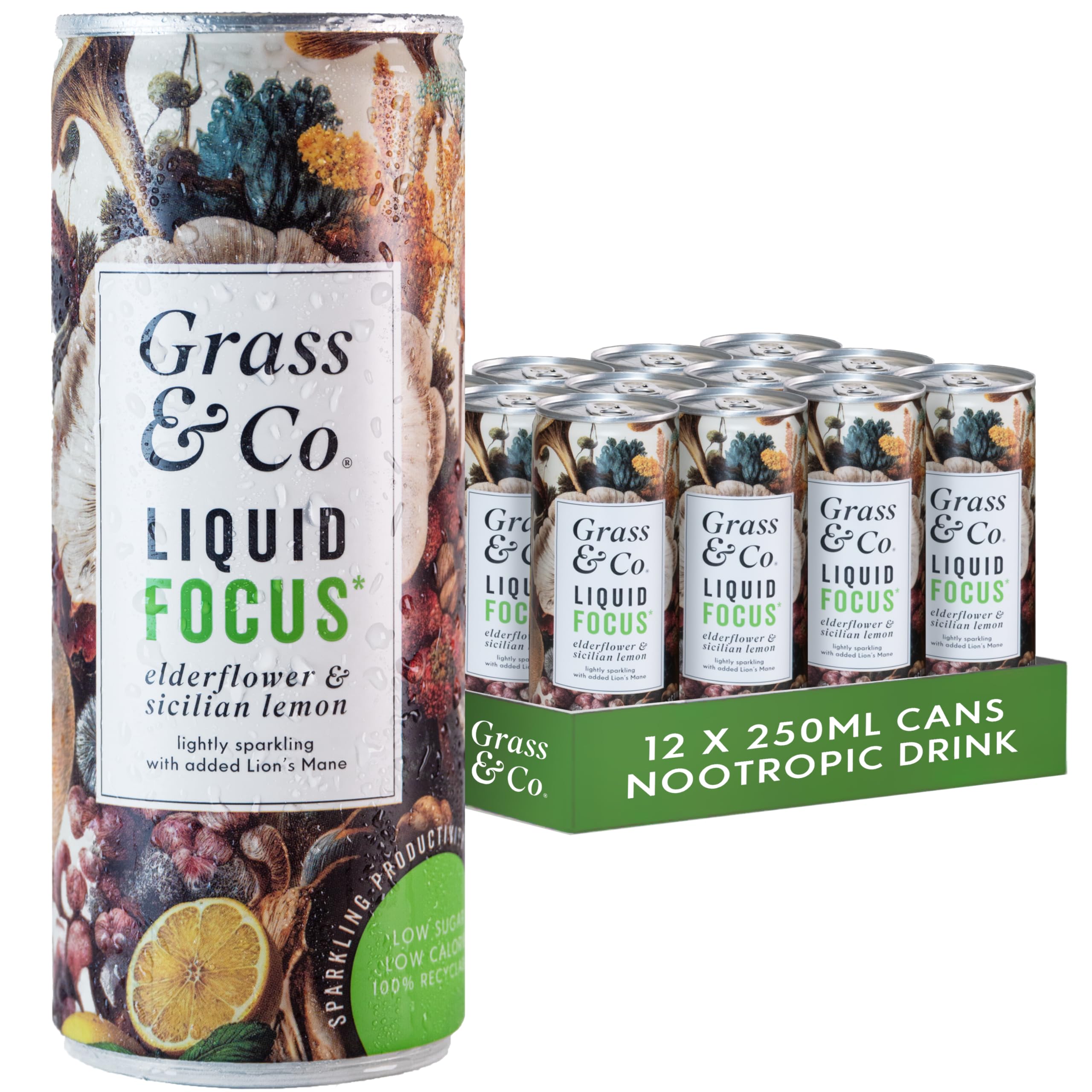 Grass & Co. Nootropics Drinks with Lion's Mane (1000mg), Omega-3, Ginseng, Vitamin B12 & More | Liquid Focus | Elderflower & Sicilian Lemon | Lightly Sparkling | Vegan | 12 x 250ml Cans