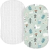 TILLYOU Baby Bassinet Sheets for Girls Boys 2 Pack Baby Sheets for Square Rectangle Oval Bassinet Mattress 33X16 Inch, Jungle Walk and White Stripes
