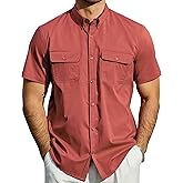 JOGAL Mens Button Down Short Sleeve Shirt Regular Fit Button Up Work Shirts with Two Pockets