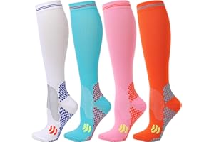 Kickticks 4 Pairs Compression Socks for Woman & Man Unisex 20-30mmHg Knee high Plus Size Wide Calves for Flying Running…