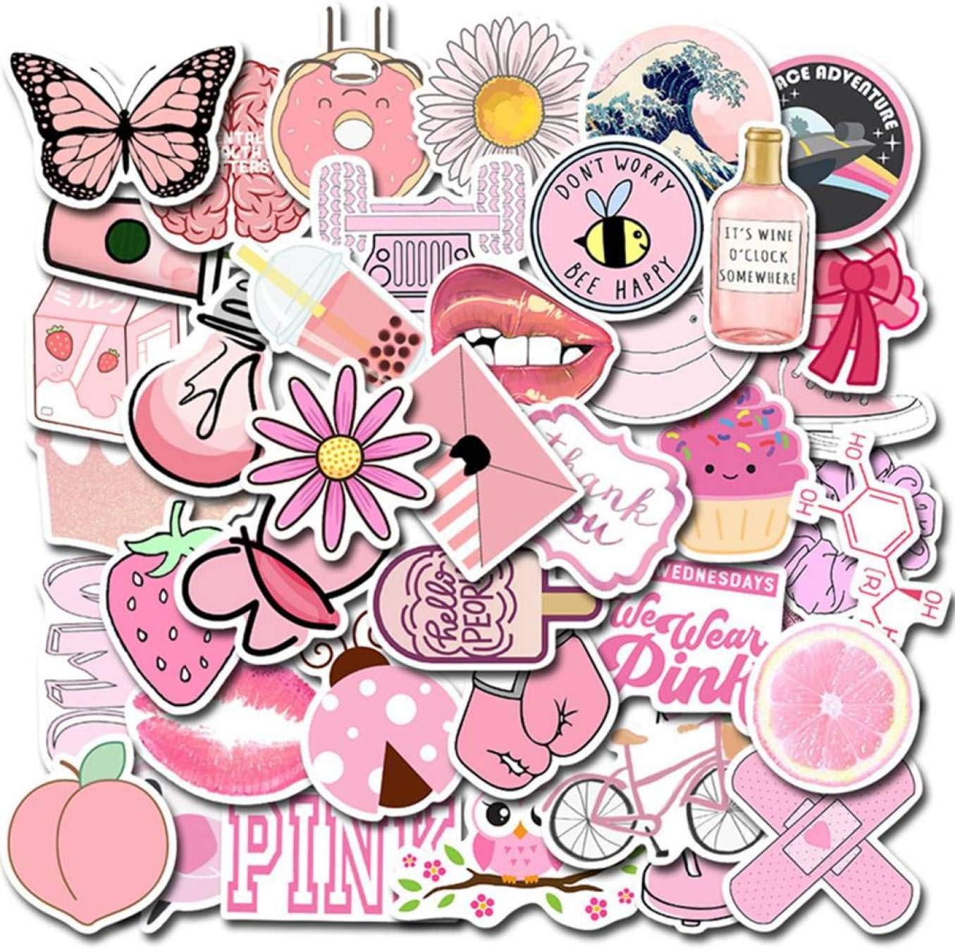 Suang rational 50Pcs Pink Series Cartoon Decorative Stickers For Laptop Bike Skateboard Decals(None one size PK)