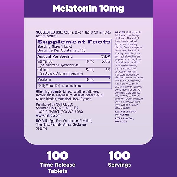 NATROL MELATONIN 10MG TABLETS, ADVANCED SLEEP DIETARY SUPPLEMENT FOR RESTFUL SLEEP, 100 MELATONIN TIME RELEASE TABLETS, 100 SERVINGS
