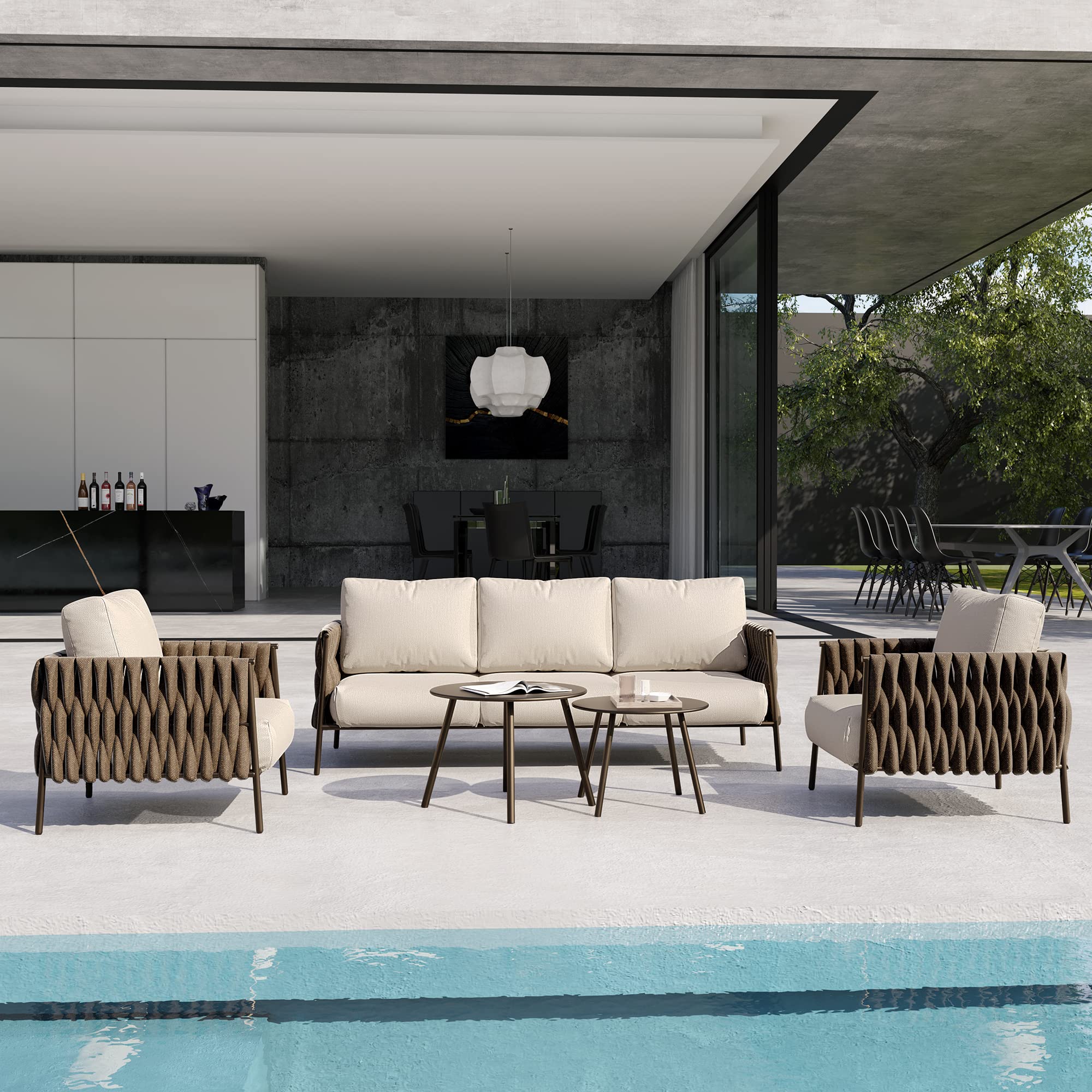 Photo 1 of EAST OAK Life Chatter Patio Furniture Set 5 Pieces, Outdoor Furniture 5-Seat Sofa with Two Round Coffee Table, Waterproof Thick Cushion Deep Seating for Porch, Balcony, Chestnut Brown & Creamy Apricot