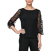 Alex Evenings Womens Metallic Knit 3/4 Sleeve Blouse with 3-d Flower Illusion Sleeves, Formal Event Dress Shirt