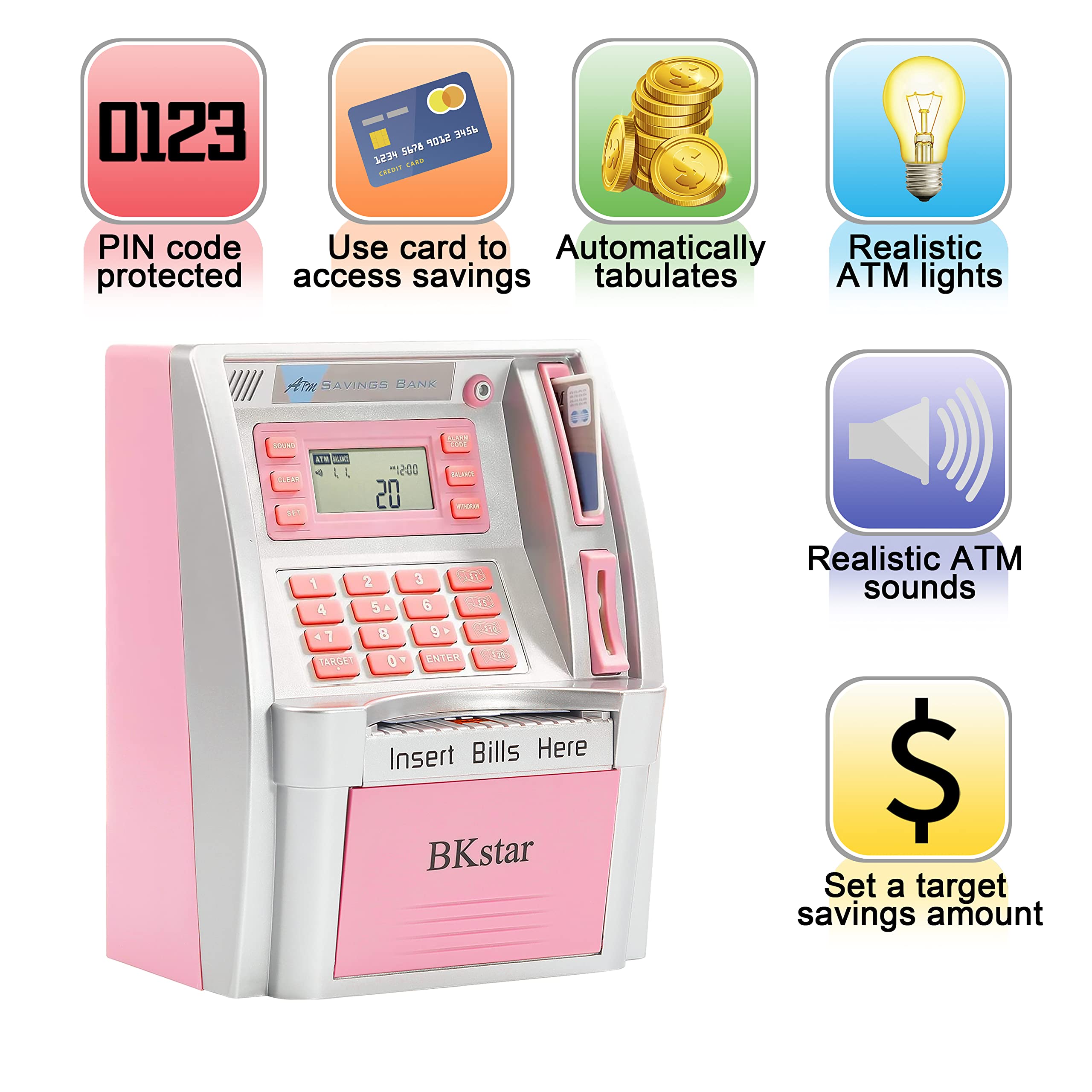 Mini Toy ATM Savings Bank, Pink Piggy Bank Machine for Real Money with Card, Bill Feeder, Coin Reader, Balance Calculator Safe Box for Kids Adults