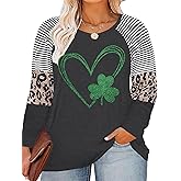 Women Plus Size St. Patrick's Day Shirt Lucky Shamrock Tees Green Heart Tshirt Irish Clover Tops