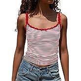 BAIGRAM Women Y2K Going Out Striped Camisole Tops Lace Patchwork Scoop Neck Spaghetti Strap Crop Tank Tops Cute Coquette