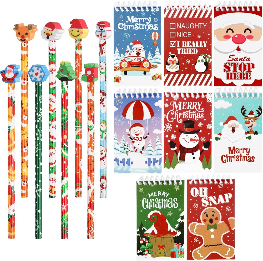 SULOLI 16PCS Kids Christmas Xmas Pencils Erasers Mini Notepads Set