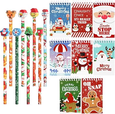 SULOLI 16PCS Kids Christmas Xmas Pencils Erasers Mini Notepads Set