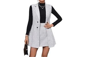 Floerns Women's 2 Piece Outfit Workwear Plaid Print Lapel Neck Vest Blazer and Skirt Set