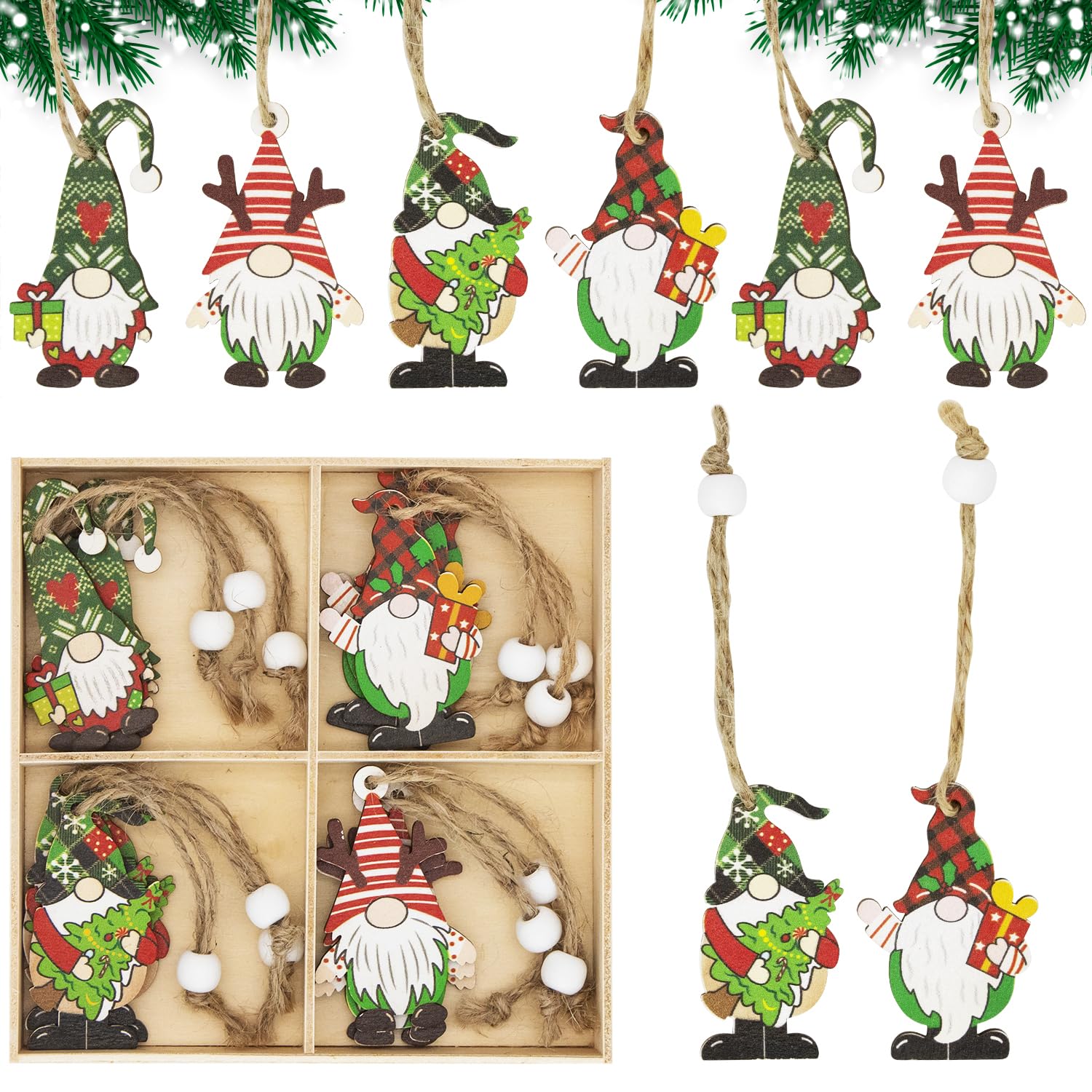 CHEERYMAGIC Wooden Christmas Tree Decoration,12PCS Christmas Wooden Ornaments Gnomes Tree Pendant Xmas Hanging Ornaments Xmas Party Decoration Gifts Tags A4WLLRGJ (A)