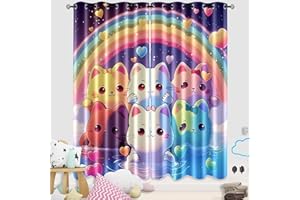 Jiospet Rainbow Cat Curtains - Rainbow Cat Blackout Curtains for Girls Room Cartoon Rainbow Cat Drapes for Kids Bedroom Kawaii Cat Window Curtain Decor, 2 Panel Sets, 82''×84''