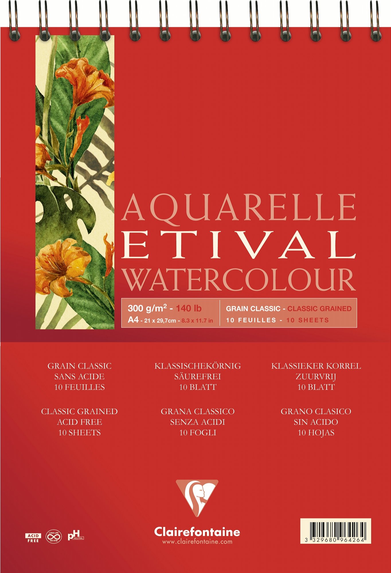 Clairefontaine - Ref 96426C - Etival Classic Grained Wirebound Watercolour Painting & Drawing Pad (10 Sheets of Paper) - A4 (29.7 x 21cm) - 300gsm Cellulose Art Paper