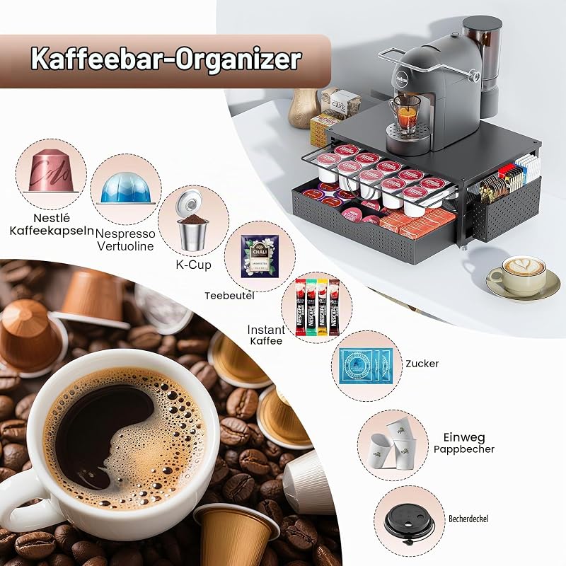 Kaffee Kapselhalter, 2-Tier K Cup Halter mit 2-stufiger Schublade und 1 Hängekorb für 51 große oder 73 kleine Kapseln, K Cup Kaffeestation, Organizer, Zubehör für Theke, Büro, Küche (Schwarz)
