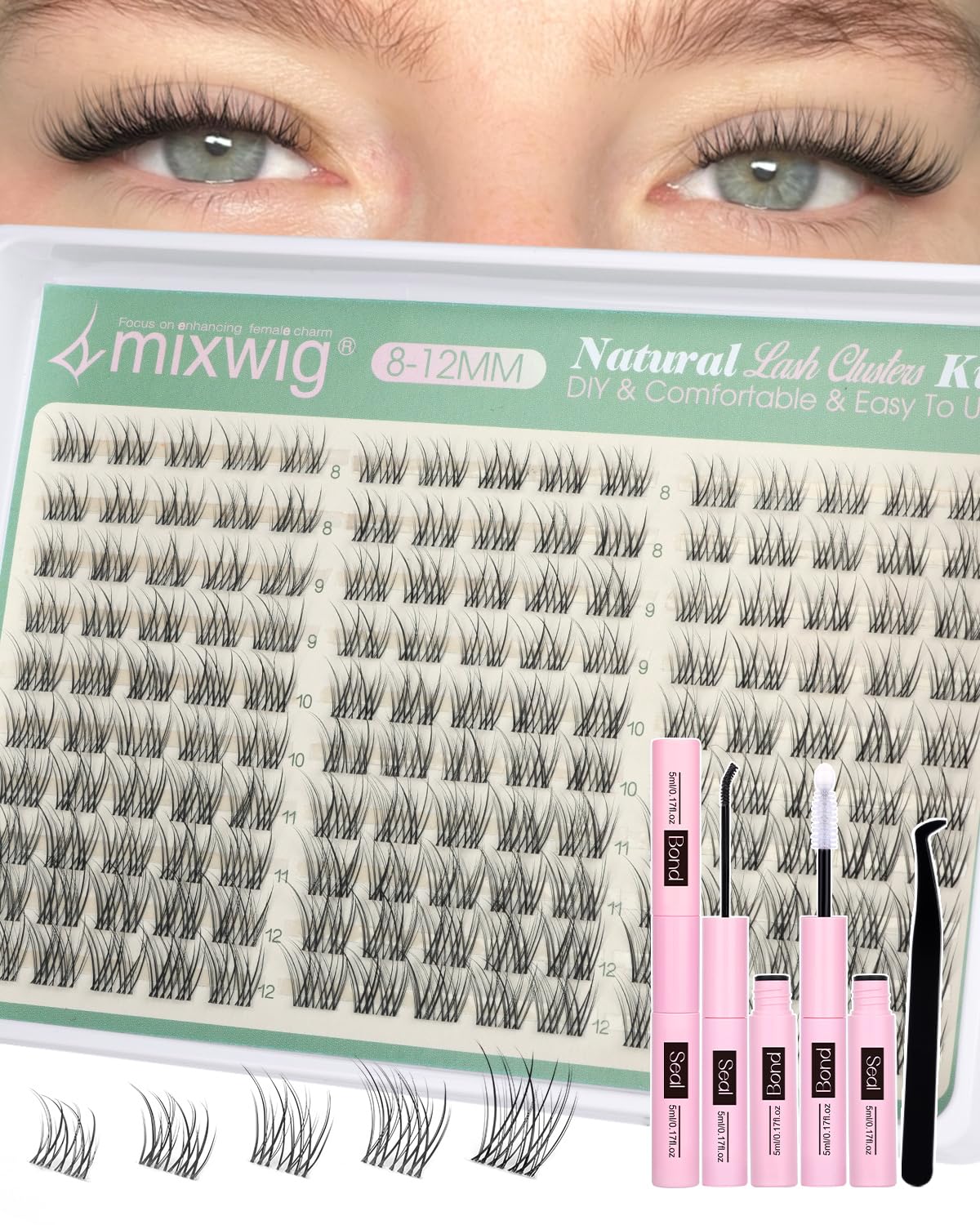 Photo 1 of **NO TWEEZERS** Short Lash Clusters Kit 8-12MM Natural Lash Extension kit Invisible Band Eyelash Clusters Wispy Cluster Eyelash Extensions C Curly DIY Cluster Lashes Bond and Seal by Lvmixwig