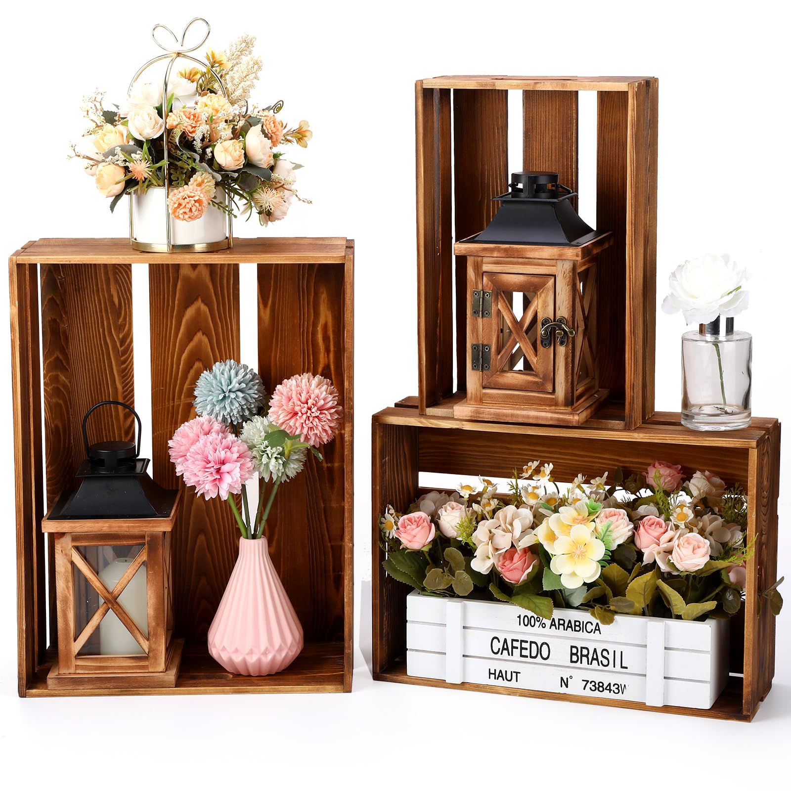 CroBlissful Set of 3 Decorative Wood Crates for Display Nesting Wooden ...