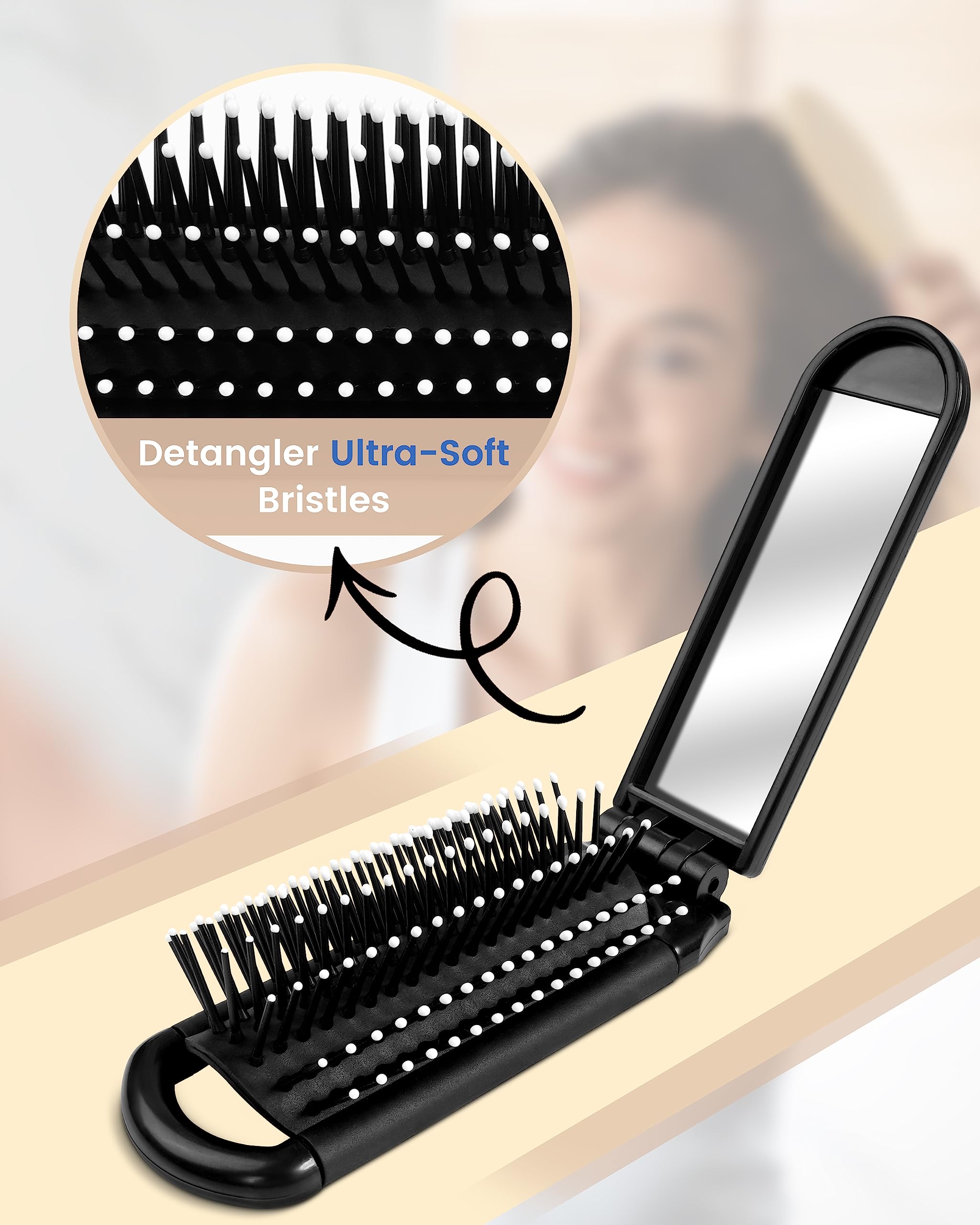 6 PCS Folding Travel Hairbrush Set with Compact Mirror for Women - Mini Pocket Brush with Mirror for Purse and Girls