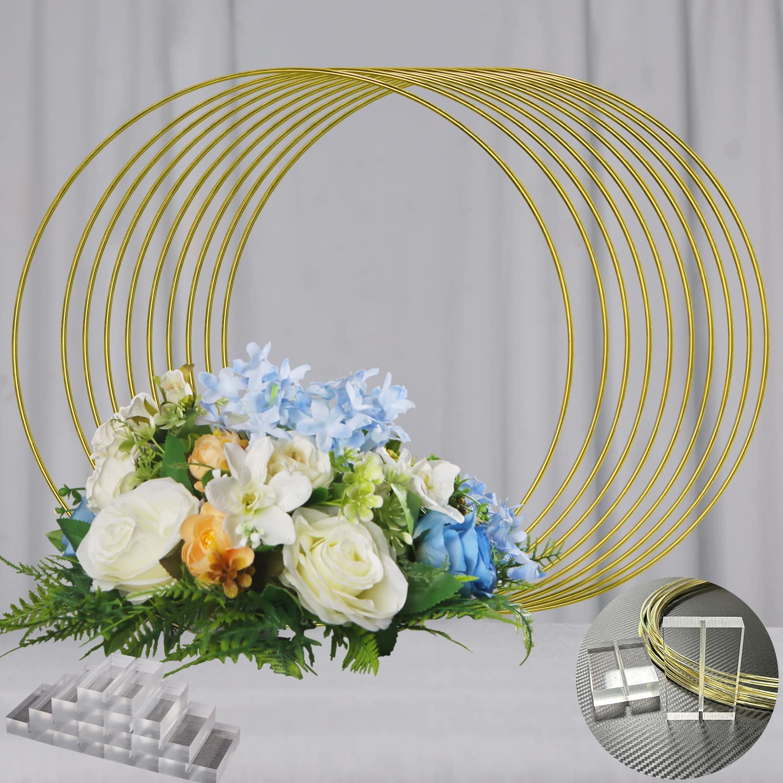 YALLOVE 10PCS Gold Wreath Ring 14 Inch Metal Ring for Crafts Floral Hoop Dream Catcher Macrame Rings with Acrylic Base for Wedding Table Centerpieces Balloon Flower Decoration DIY