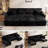 Sleeper Sectional Sofa, 110" Modern U Shaped Couch with Pull Out Bed, Convertible Corduroy Cloud Sofa with Double Storage Chaise, USB, Small Desktop, Comfy Modular Couch for Living Room, Black