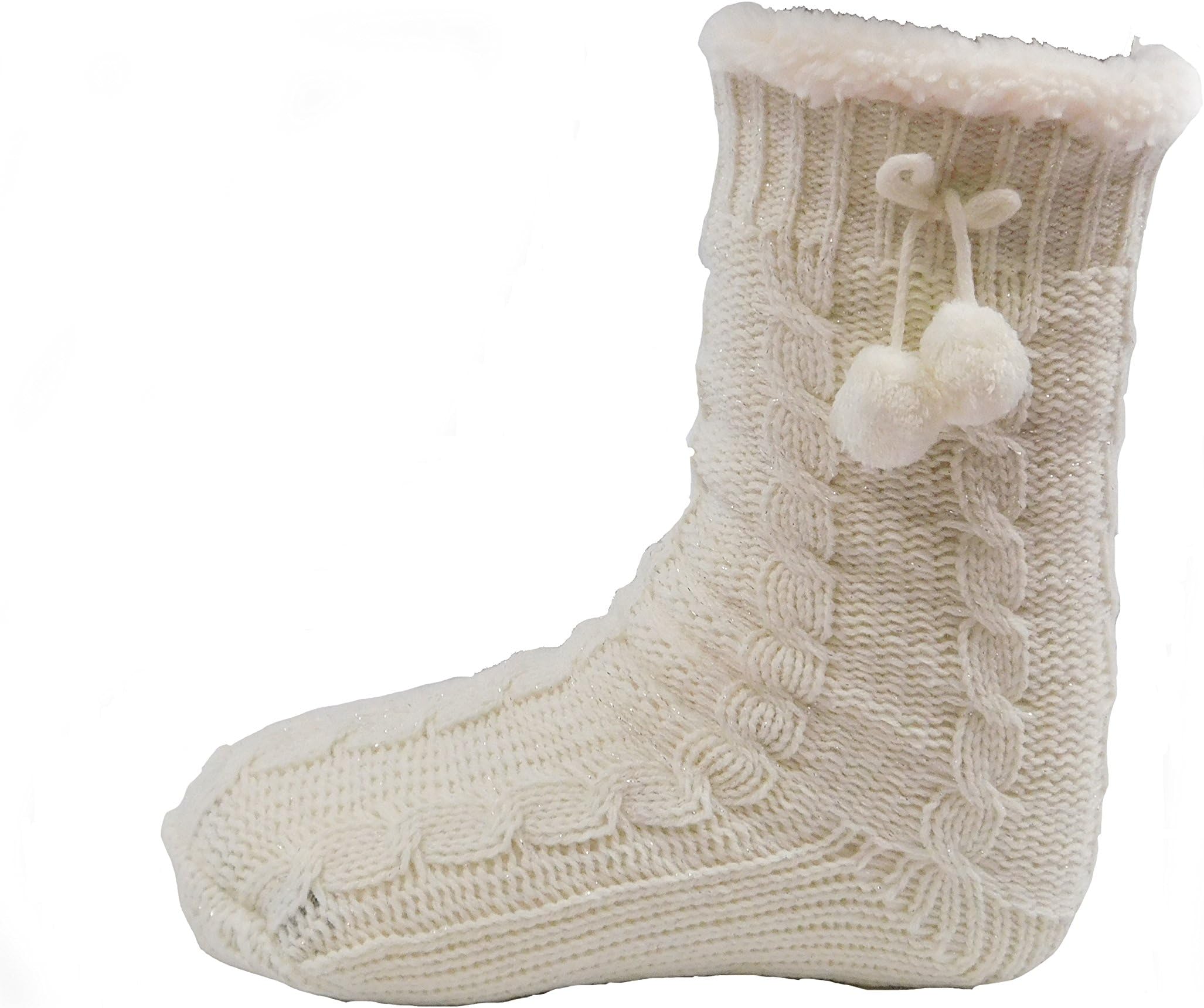Ladies Cable Knit Fur Lined Bubble Griper Socks Slipper Socks Withe Pom Poms (One Size, Cream)