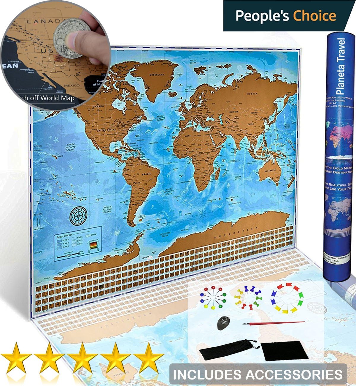Scratch the world map poster | Special poster for school and office | Map of the world Travel Poster | BONUS accessories | Large size 24 x 33 inches By PLANETA TRAVEL