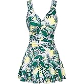 GRACE KARIN Women's One Piece Swimdress Tummy Control Bathing Suit V Neck Swimsuit Ruched Skirt Swimwear