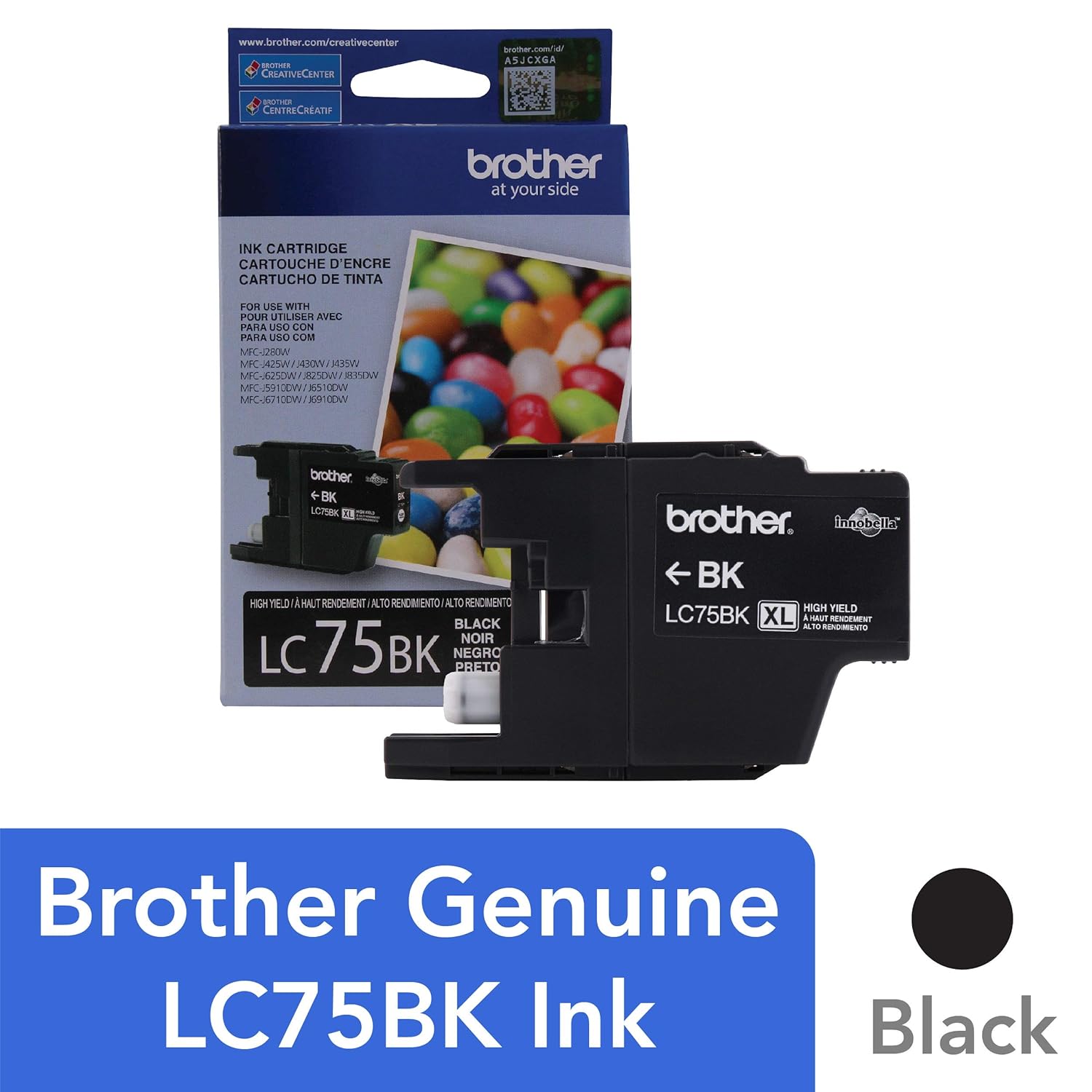 Brother Genuine High Yield Black Ink Cartridge, LC75BK, Replacement Black Ink, Page Yield Up To 600 Pages, LC75