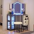 LVSOMT Corner Vanity Desk with Mirror and Lights, Makeup Vanity with Charging Station, Vanity Table with 3 Lighting Options, Vanity Set with Stool, Women’s Vanity for Bedroom, Grey