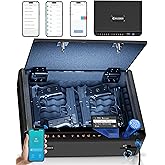 BILLCONCH Smart Gun Safe with Security Cable - Biometric Pistol Safe for Handgun 4 Ways Quick Access with Fingerprint/Keypad/Key/APP Lock, for Nightstand Bedside Home Car with LCD and Voice Guide