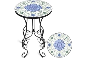 Frstem Mosaic Patio Table and Plant Stand, Outdoor Side Table for Patio with 14" Ceramic Tile Top, Weather Resistant Metal Round End Table Accent Table for Yard Porch Balcony Garden Bedside, Greenery