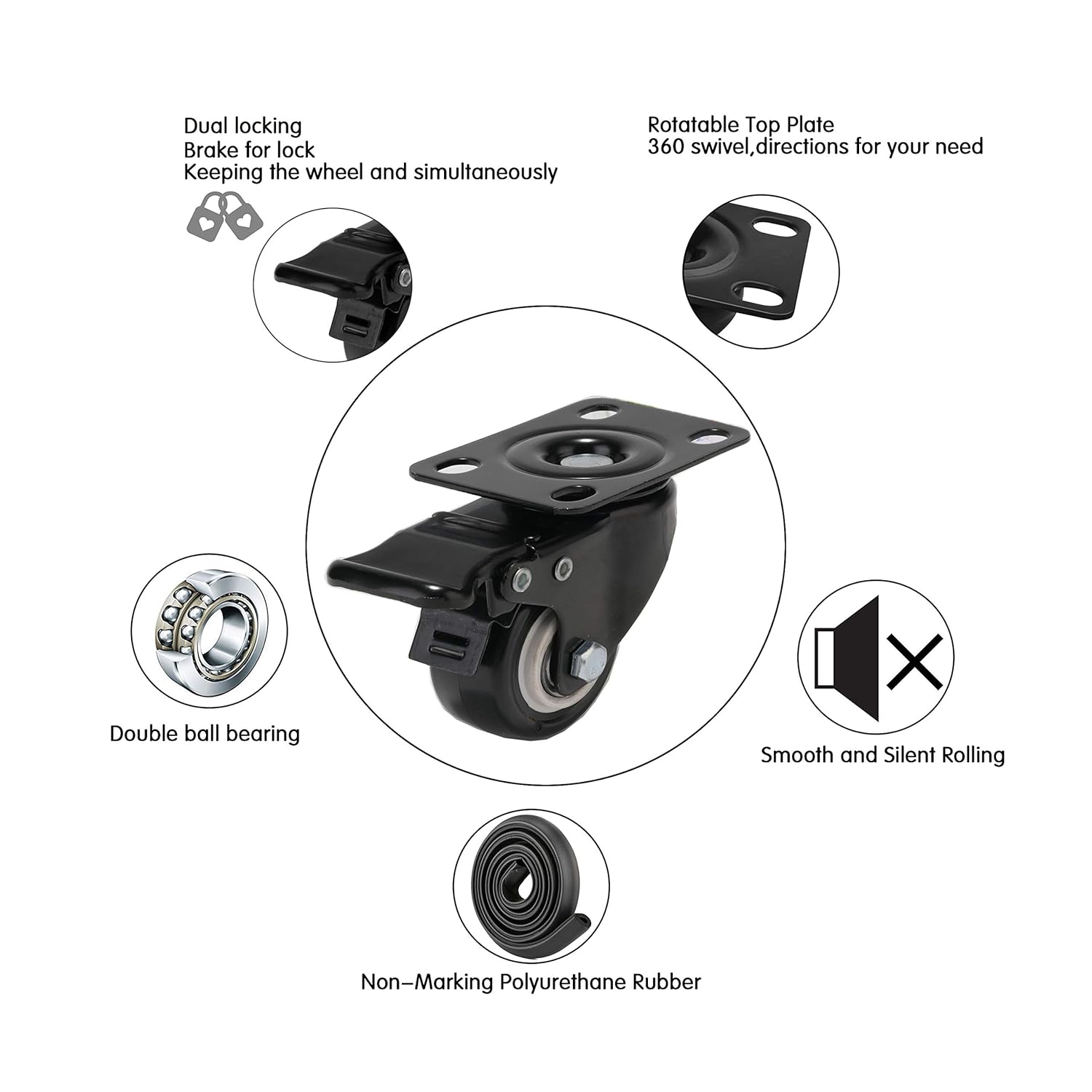 Moogiitools 2" Caster Wheels Set of 4, Heavy Duty Casters with Brake, No Noise Locking Casters with Polyurethane (PU) Wheels, Swivel Plate Castors Pack of 4: Industrial & Scientific