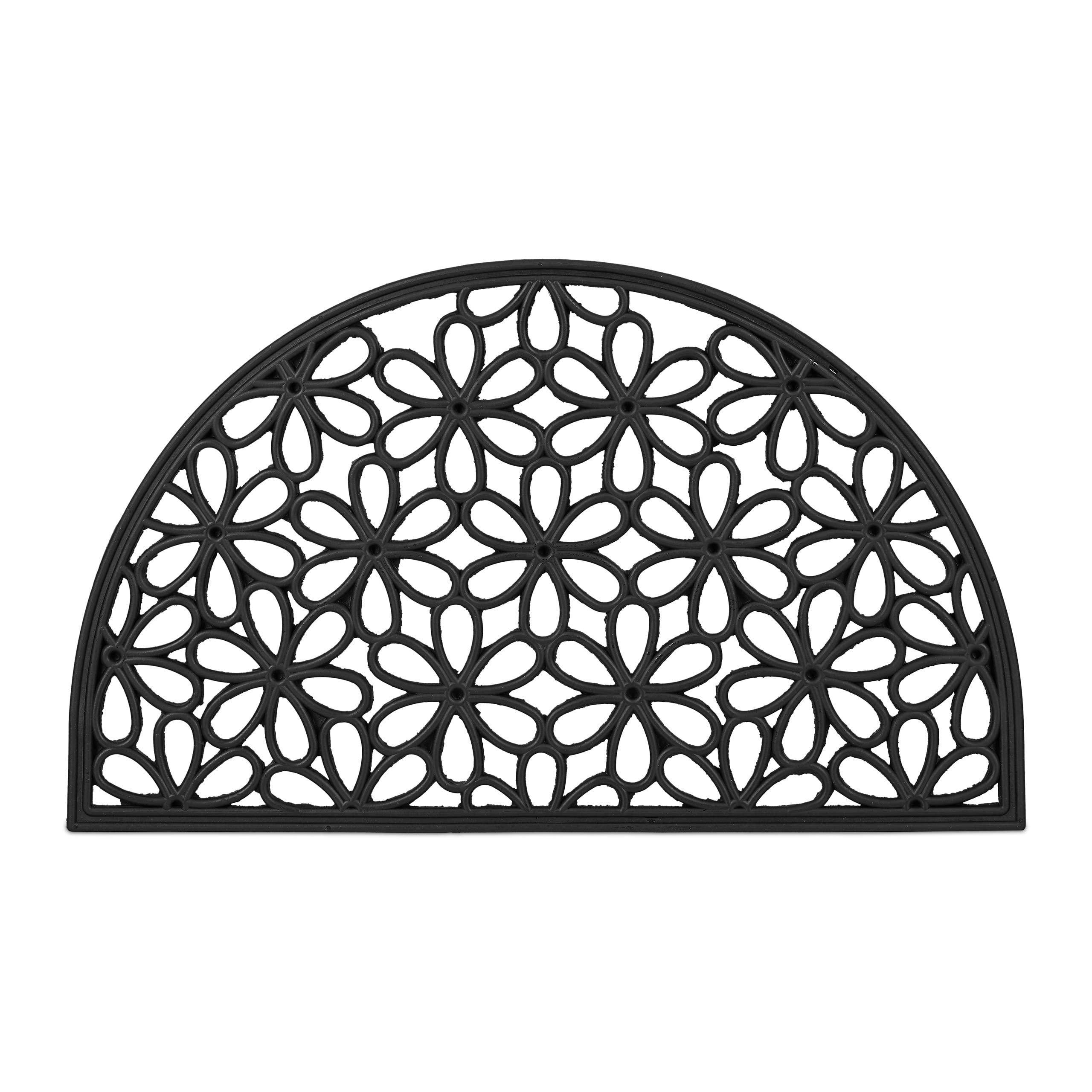 Relaxdays Semicircular Flower Pattern Doormat, 45 x 75 cm, Door Mat Inside & Outside, Non-Slip Bottom, Shoe Wiper, Black