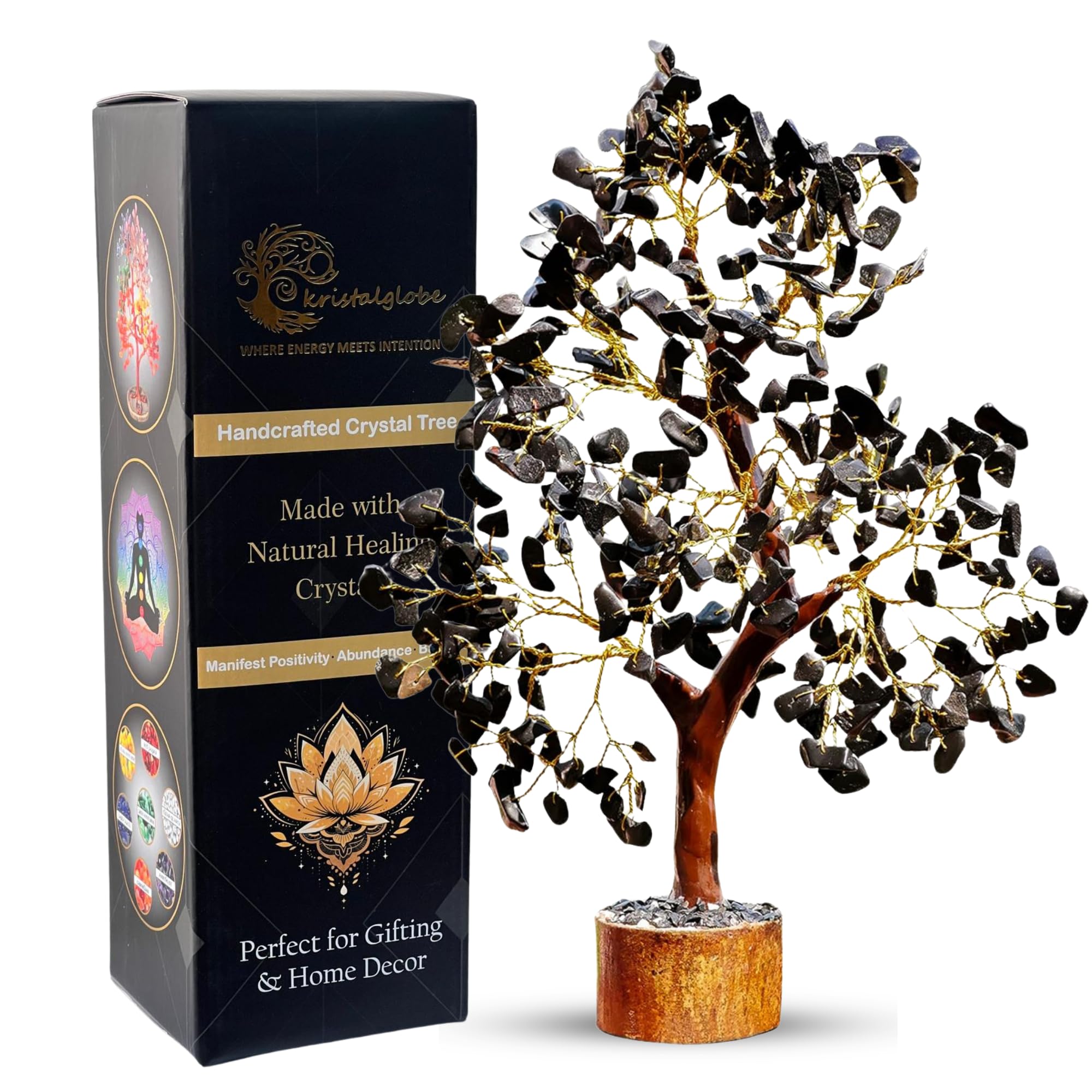 Black Tourmaline Healing Crystal Tree of Life – Handmade Gemstone Bonsai 300 Natural Stones on Golden Wire & Wooden Base – Reiki, Meditation & Feng Shui Décor – Protection Gift for Women, Mum & Home