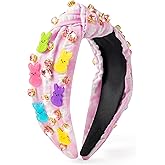 PANTIDE Easter Bunny Jeweled Knotted Headband - Rabbits Rhinestone Crystal Embellished Headband Wide Top Knot Hairband Hair Accessories Easter Spring Birthday Gift for Women Girls (Pink Plaid)