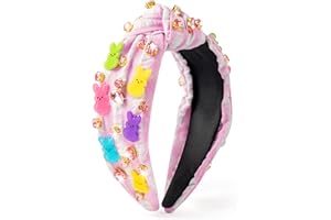 PANTIDE Easter Bunny Jeweled Knotted Headband - Peeps Rabbits Rhinestone Crystal Embellished Headband Wide Top Knot Hairband Hair Accessories Easter Spring Birthday Gift for Women Girls (Pink Plaid)