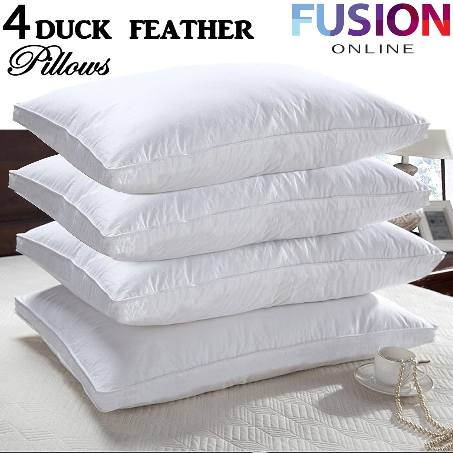 Fusion Online 4 X Duck Feather Pillows 100 Cotton Cover Filled