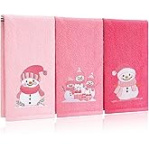 FuWeave 3 Pcs Christmas Hand Towels Cute Snowman Family Embroidered Pink Decorative Bathroom Towels for Bathroom Kitchen Decor Winter Set, 100% Cotton, 13.3 x 29.5''