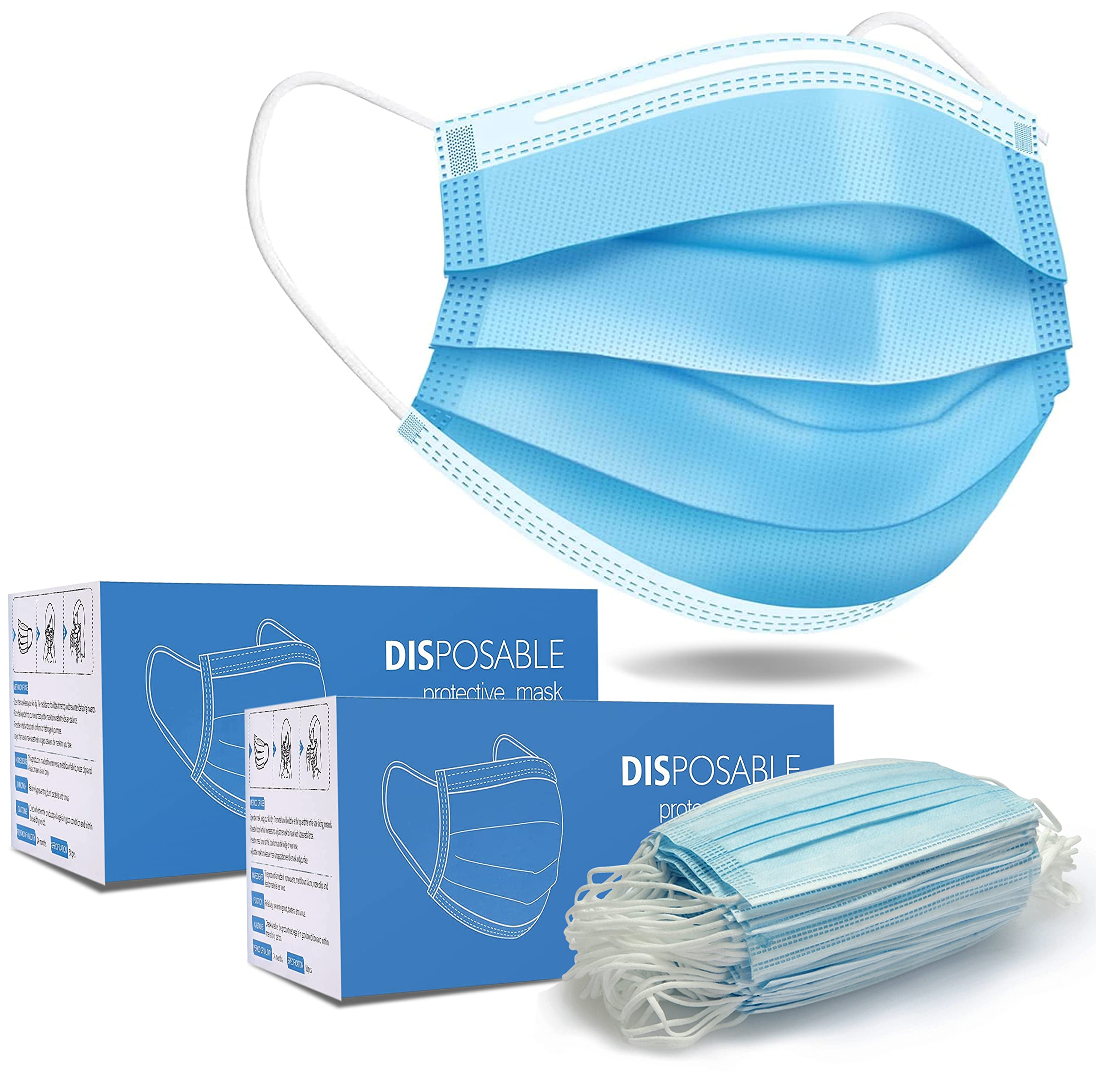 Fusion Vibes 100 Pack Disposable Face Masks 3 Ply | Blue Breathable Protective Masks | Elastic Ear Loop Nose & Mouth Covering | Adults & Kids | Home Office School | UK Seller (100)