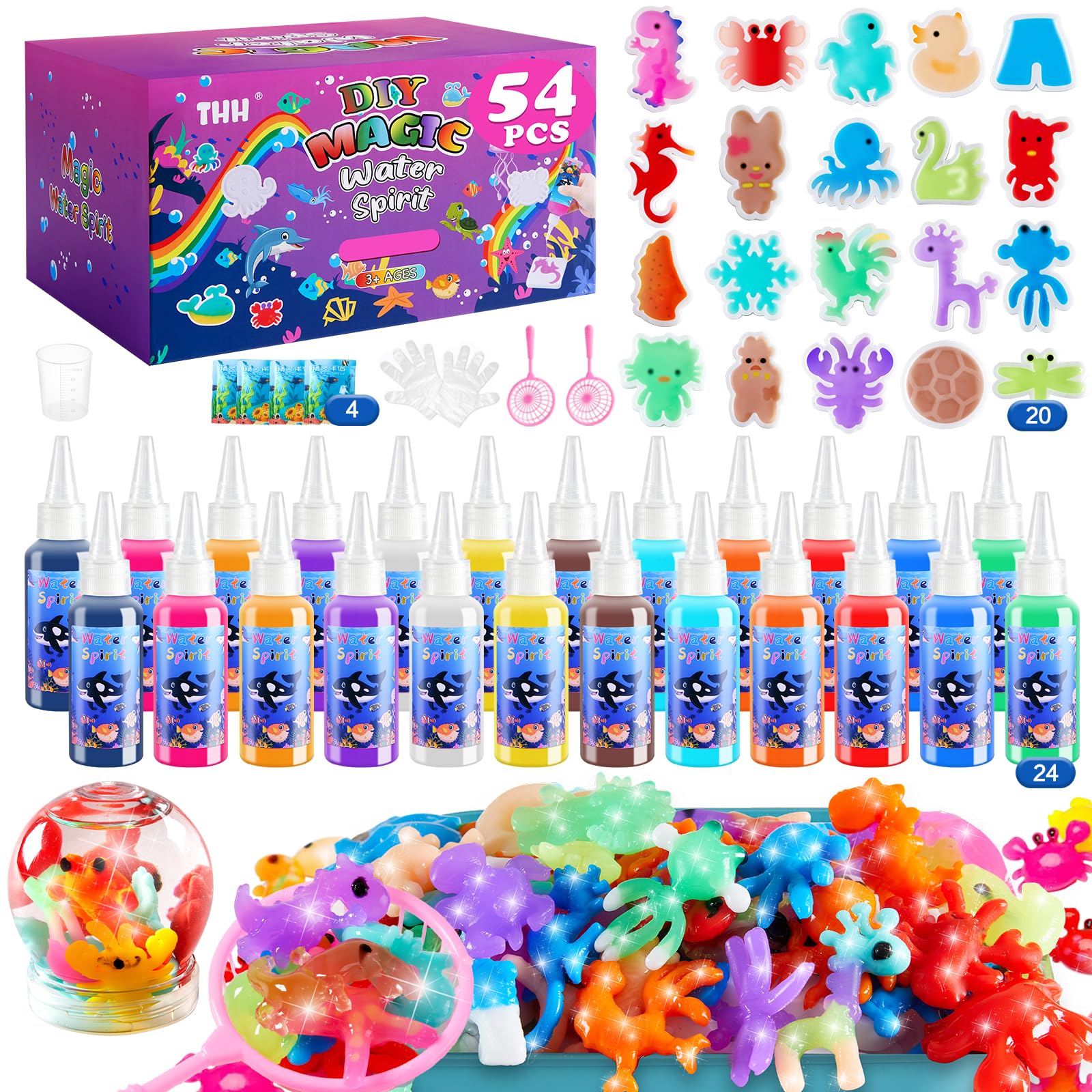 THH Water Gel Craft Kit - 54 PCS Non-Toxic DIY Aqua Gelz Set with 24 Safe Gel Beads & 20 Molds, Educational STEM Arts Activity Toys for Girls Ages 4-8, Creative Holiday Birthday Gift
