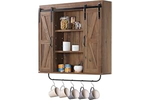 RUSTOWN Rustic Wood Wall Storage Cabinet with Two Sliding Barn Door, 3-Tier Decorative Farmhouse Vintage Cabinet for Kitchen Dining, Bathroom, Living Room, Rustic Oak