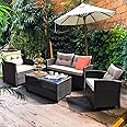 Tangkula 4-Piece Patio Furniture Set, Rattan Wicker Chair Set with 1 Loveseat, 2 Single Sofas, 1 Coffee Table with Tempered Glass Top, Outdoor Furniture Sets for Backyard, Porch, Garden and Poolside