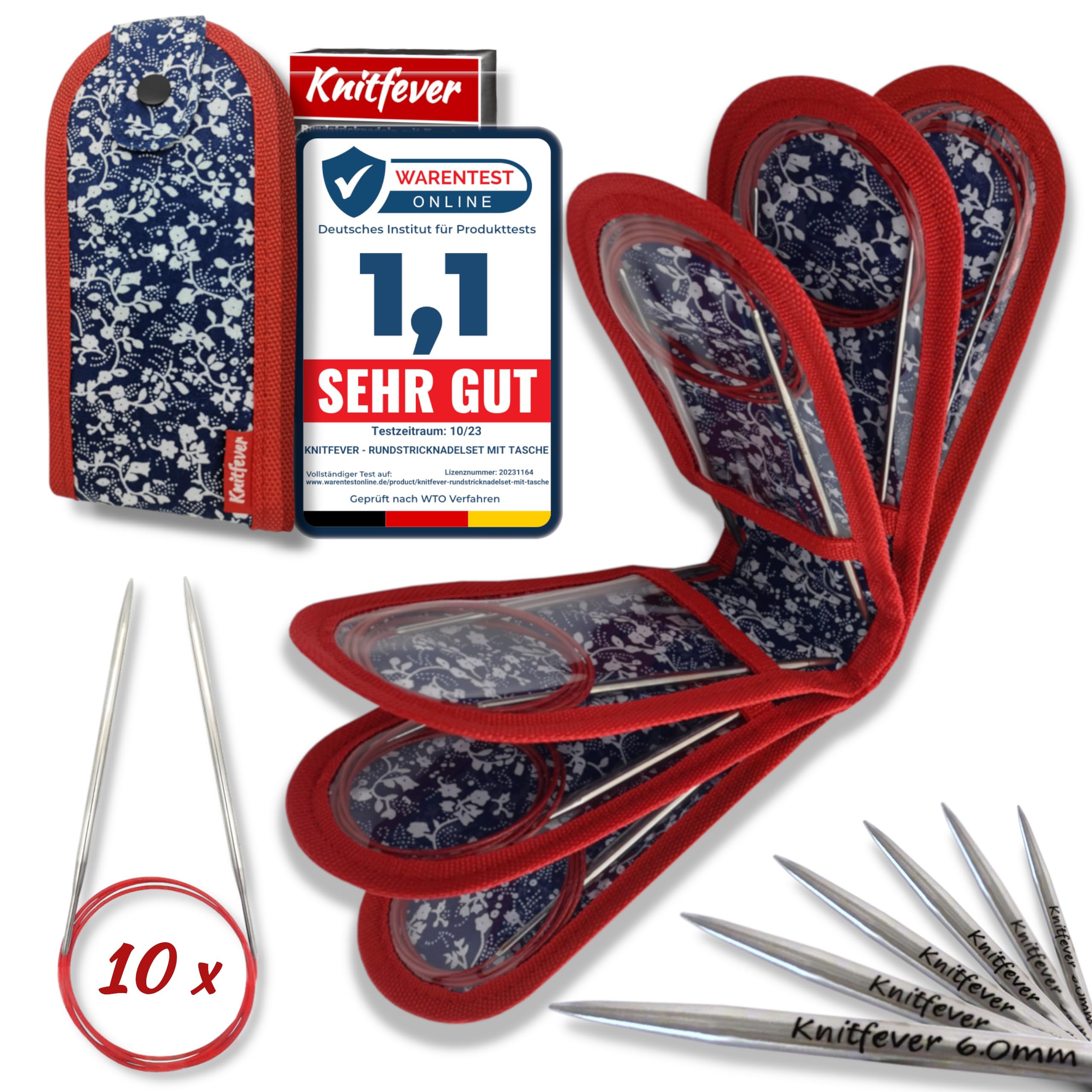 Knitfever Circular Knitting Needles Set (10 pcs) - Alloy Steel, Silver, Cable, Circular Knitting Needle Set with Bag - Gift Idea for Knitting & Craft Lovers