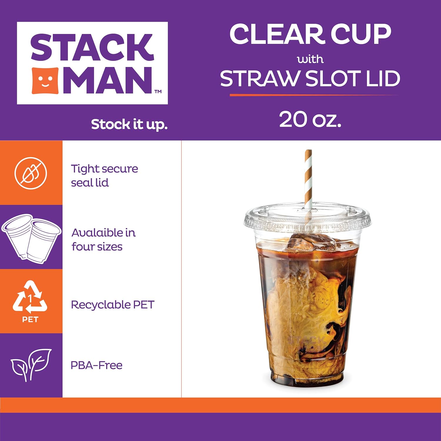 Stack Man [100 Sets - 16 oz.] Clear Plastic Cups with Straw Slot Lid, PET Crystal Clear Disposable 16oz Plastic Cups with lids: Kitchen & Dining